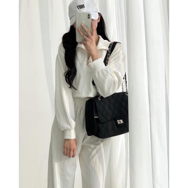 Set Bộ Đồ Nữ Shet Polo Trơn Áo Croptop Khoá kéo Tay Bồng Mix Quần Culottes Ống Suông Rộng Cạp Chun Freesize