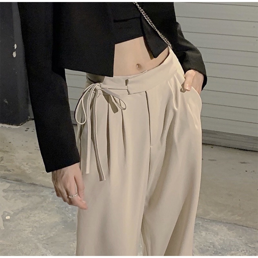 Quần ống rộng ulzzang thắt dây 1 bên siêu hot, quần tây lưng cao Okélla