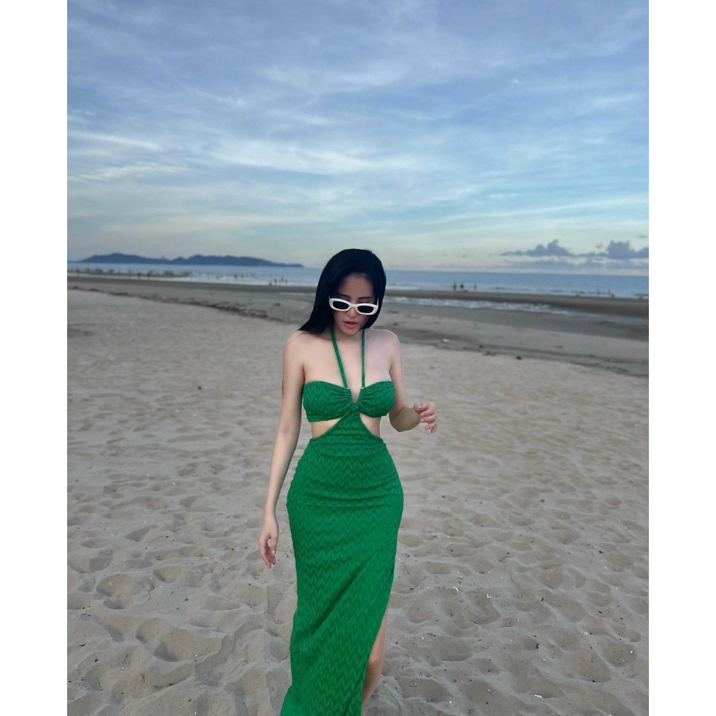 Đầm nữ body dáng dài kiểu cổ dây yếm chất thun gân khoet eo xinh 80