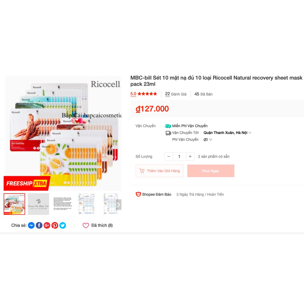 MBC M58 Sét 10 mặt nạ đủ 10 loại Ricocell Natural recovery sheet mask pack 23ml