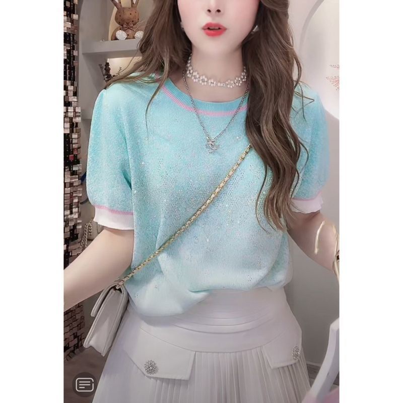 Korean foreign style heavy industry all over the sky star gradual sweater women's 2022 summer new style temperament mixed short-sleeved blouse