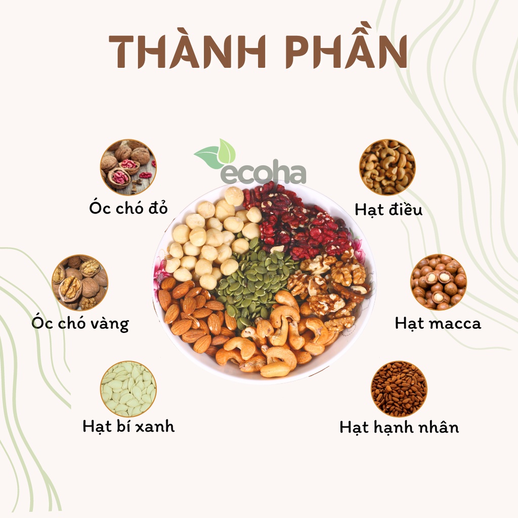 Hạt dinh dưỡng mix 6 hạt macca, hạnh nhân, điều, óc chó, bí xanh thơm giòn nguyên vị ECOHA