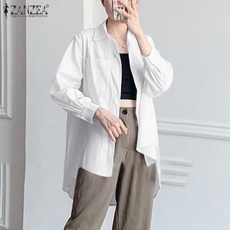 Áo ZANZEA dáng rộng cổ bẻ màu trơn gài nút phía trước dễ phối đồ mặc hằng ngày cho nữ