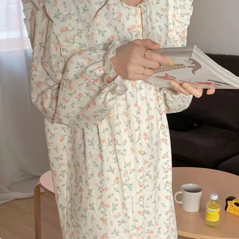 Đầm Ngủ Tay Dài Viền Bèo In Họa Tiết Hoa Hồng Ngọt Ngào Phong Cách Hàn Quốc Thời Trang Xuân Thu Mới Cho Nữ