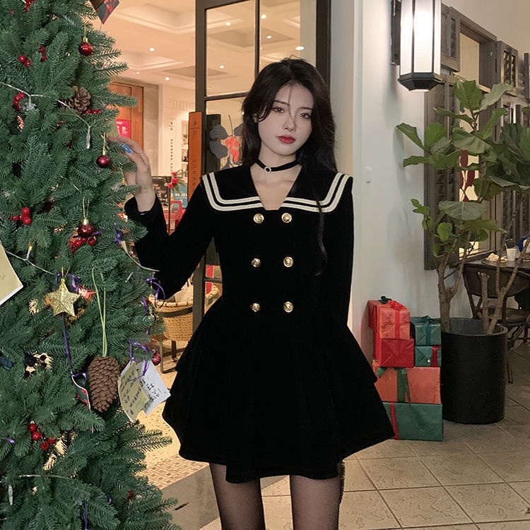 Đầm Xòe Cổ Hải Quân Màu Đen Thời Trang Mùa Xuân Cho Nữ