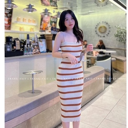 Váy body len kẻ ngang 2 dây dáng dài maxi, Đầm dáng ôm sexxy co giãn VL9912 - NhiNhi Shop