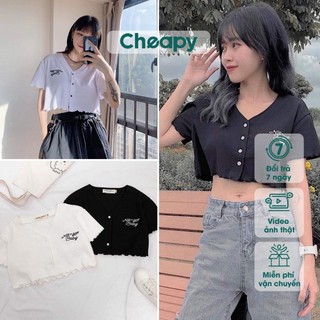 Áo croptop cộc tay cài cúc BABY trắng đen - Áo croptop cộc tay nữ chất thun tôn dáng freesize sexy C77
