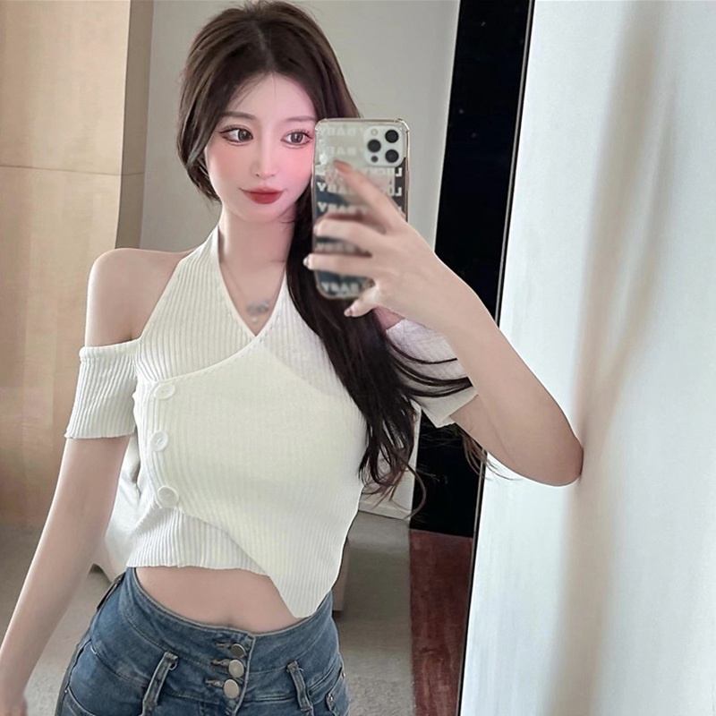 Áo Thun Dệt Kim Tay Ngắn Dáng Ôm Thời Trang Quyến Rũ Cho Nữ