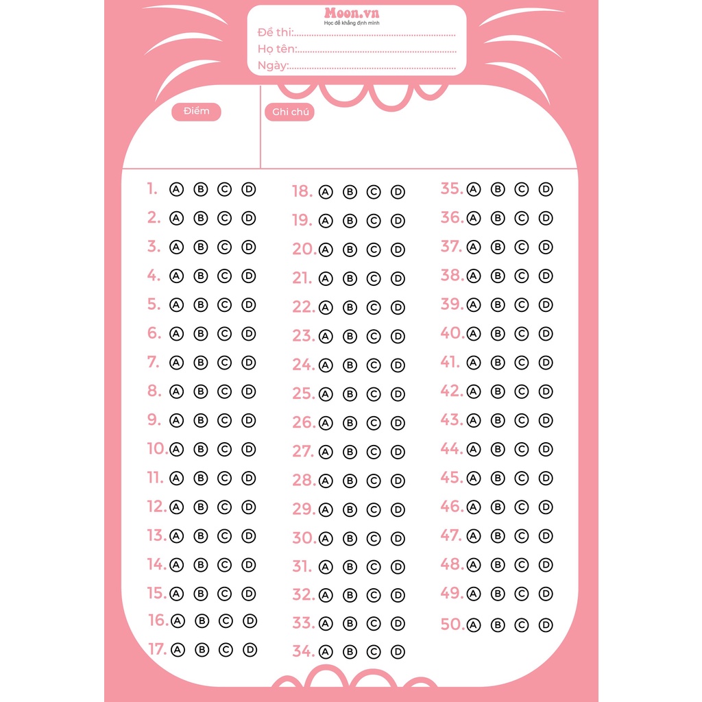 Phiếu trắc nghiệm MoonBook chuẩn cấu trúc thi THPT quốc gia