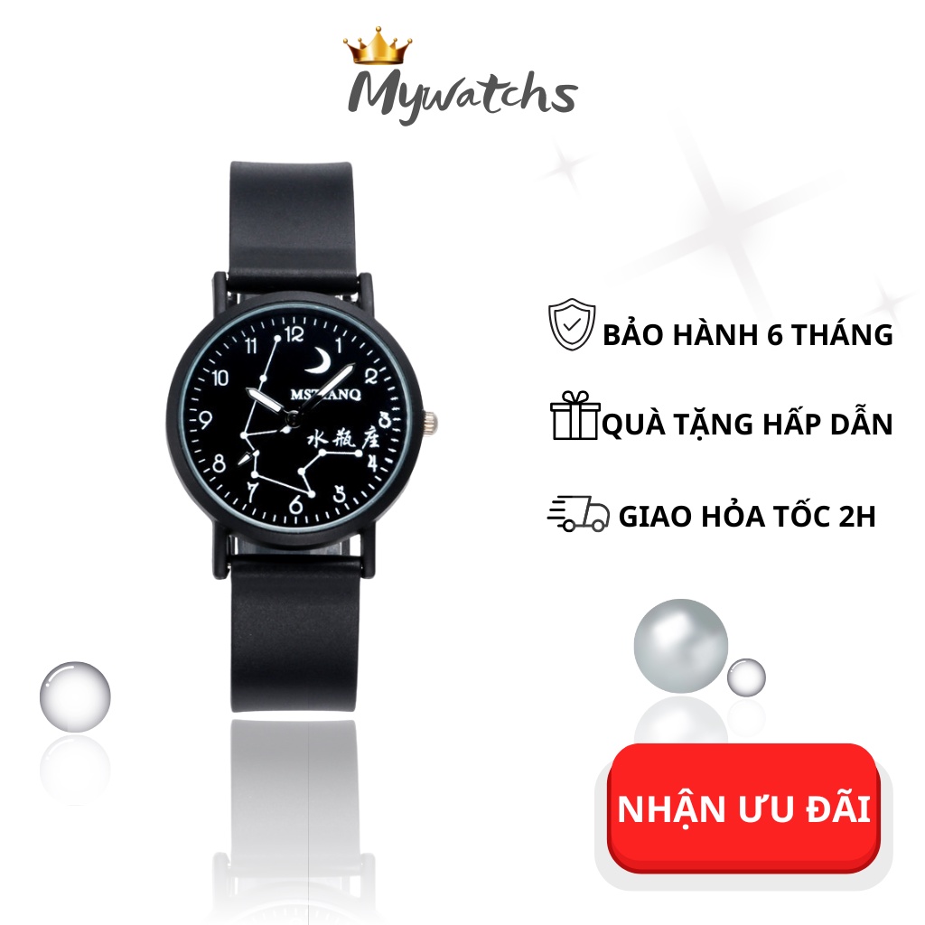 Đồng hồ nam, nữ MSTIANO mặt tròn ý nghĩa 12 cung hoàng đạo kim số phản quang dây cao su siêu bền có thể làm đồng hồ đôi