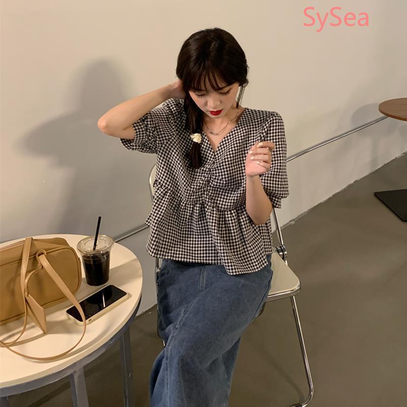 Áo kiểu tay phồng cổ chữ V phong cách Pháp thời trang thanh lịch cho nữ