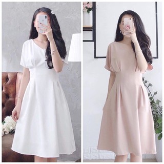 Đầm váy freesize cổ V xếp li eo 2 màu