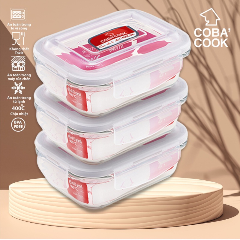 Bộ 3 hộp thủy tinh đựng thực phẩm chịu nhiệt COBACOOK hộp chữ nhật dung tích 640ml -CCL63