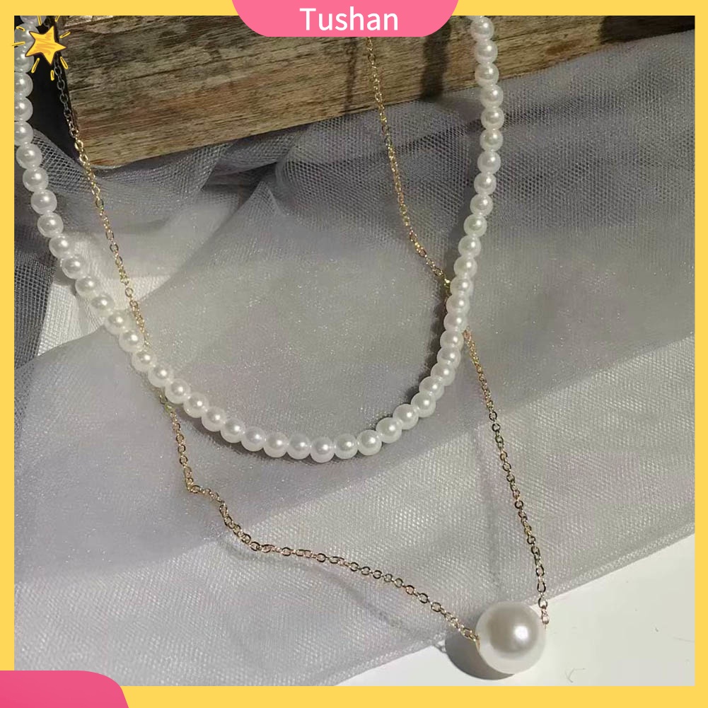 TUSH Women Girl Double Layer Faux Pearl Pendant Clavicle Chain Necklace Party Jewelry