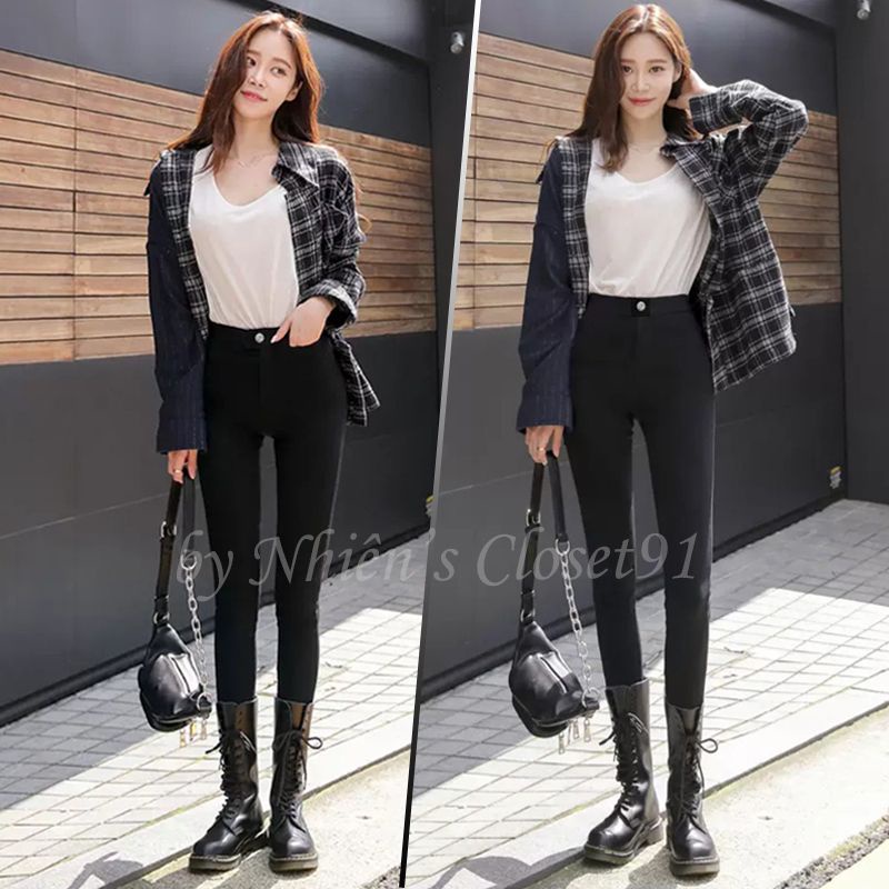 Quần legging nữ dài cạp cao gen bụng màu đen chất Umi dày dặn co dãn có túi khoá trước 1 khuy dáng tregging nâng mông