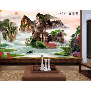 Tranh phong thủy sơn thủy nước trên núi chảy,Tranh 3d dán tường hiện đại phòng khách,phòng ngủ(tíchhợp sẵn keo)MS1001963