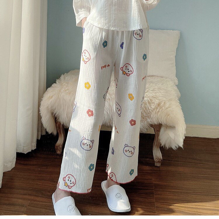 Quần dài nữ mặc nhà, mặc ngủ vải xô cotton mềm nhẹ họa tiết gấu