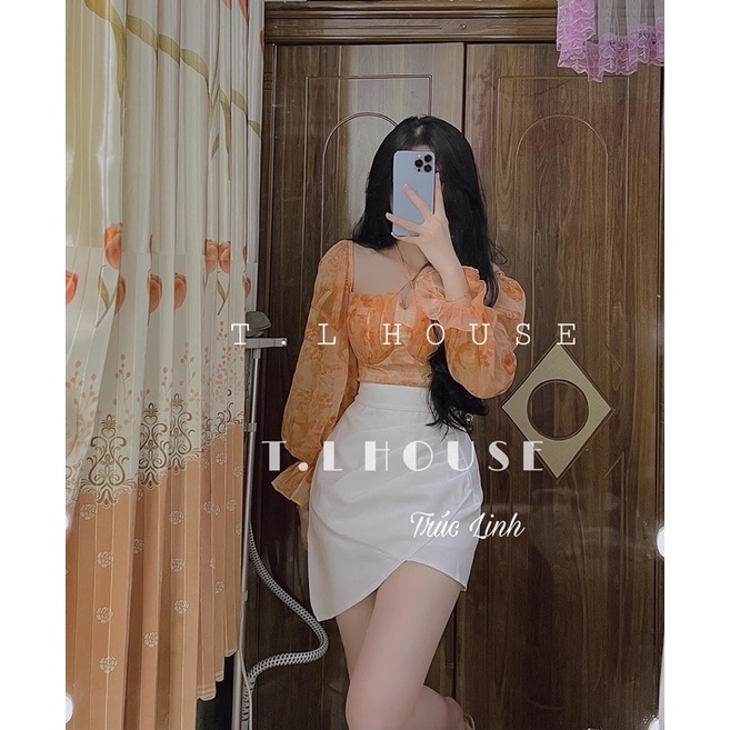 SET ÁO HOA XANH TAY LOE  + CHÂN VÁY  TRẮNG TÀ ĐẮP XÉO