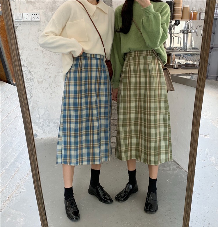 Long skirt / skirt / plaid skirt women / Korean style high waist mid-length retro Hong Kong flavor a-line skirt / A-line skirt / | BigBuy360 - bigbuy360.vn