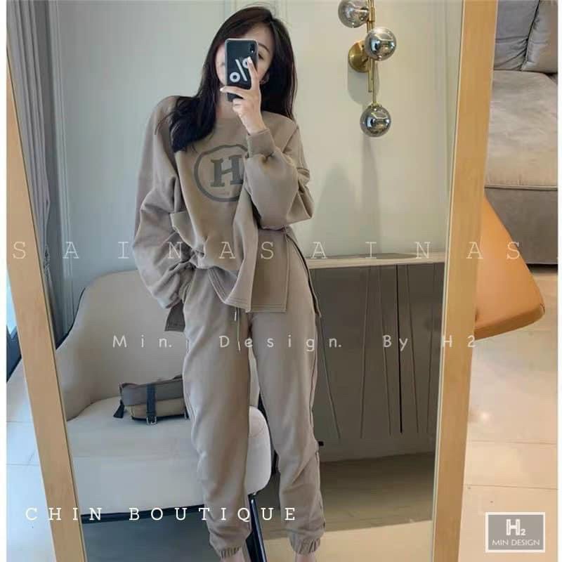 Set bộ 2 món quần dài ống thun kèm áo thun tay dài form rộng tà dài xẻ, chất liệu nỉ