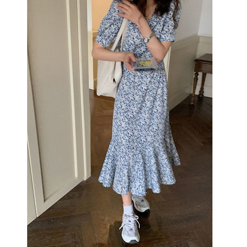 Đầm tay dài cổ chữ v in họa tiết hoa phong cách Hàn Quốc thời trang cho nữ