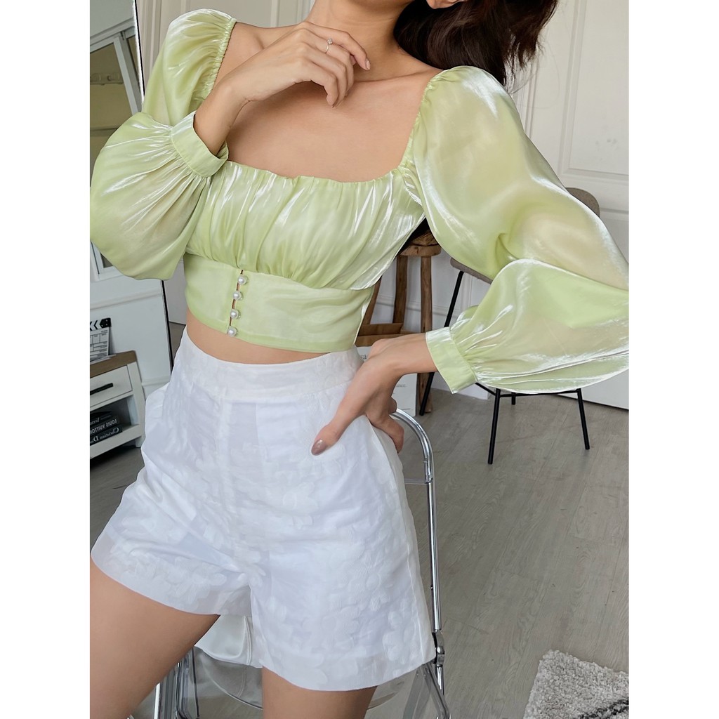 Áo croptop HEYBEE cổ vuông, tay dài phồng (2 màu) siêu xinh - KAMILLE TOP HT680