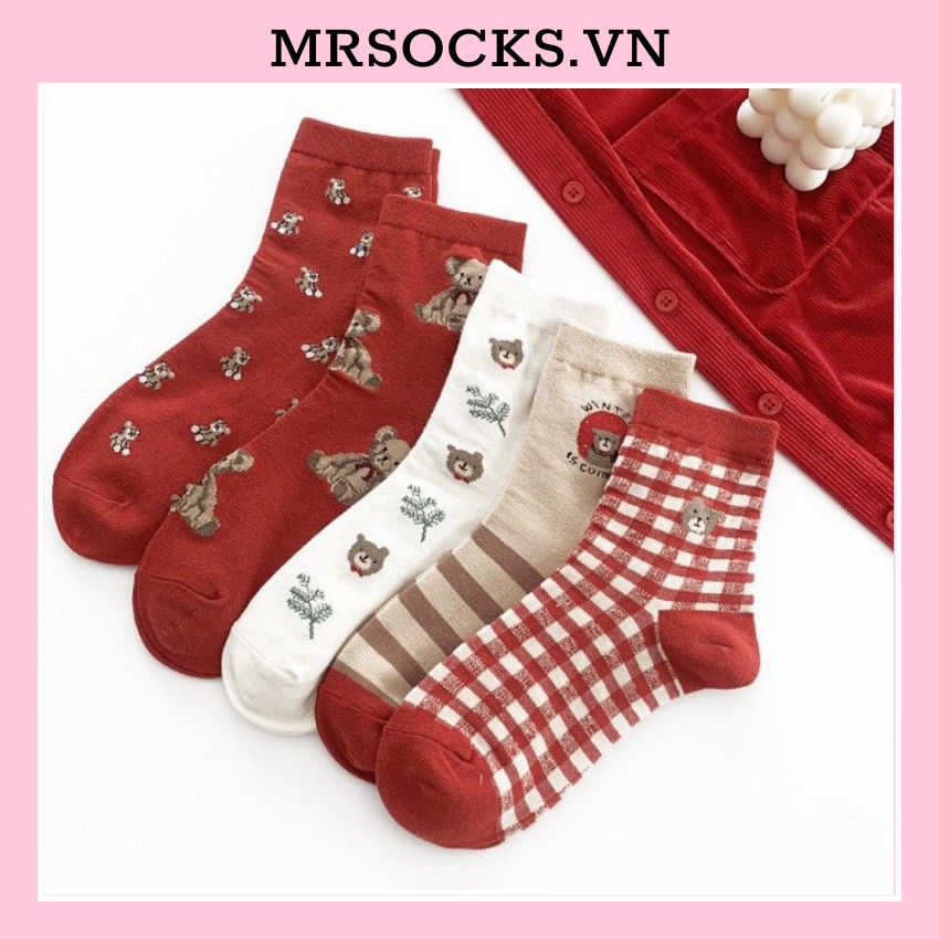 Tất cổ cao nam nữ gấu đỏ cotton kháng khuẩn thời trang hàn quốc giá rẻ MRSOCKS VC127