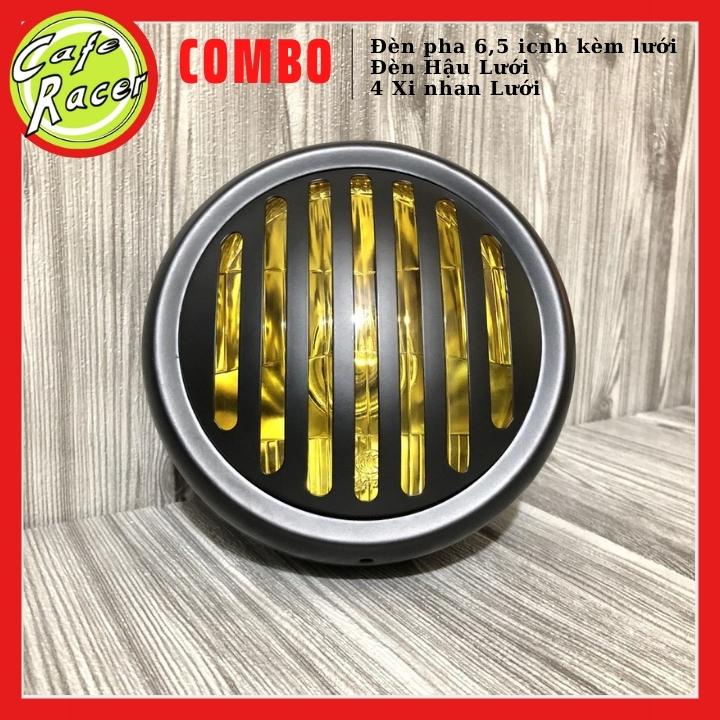Combo đèn pha lưới 6,5icnh gáo sắt mặt kính cùng đèn hậu lưới và 4 xi nhanh lưới độ xe CAFE RACER