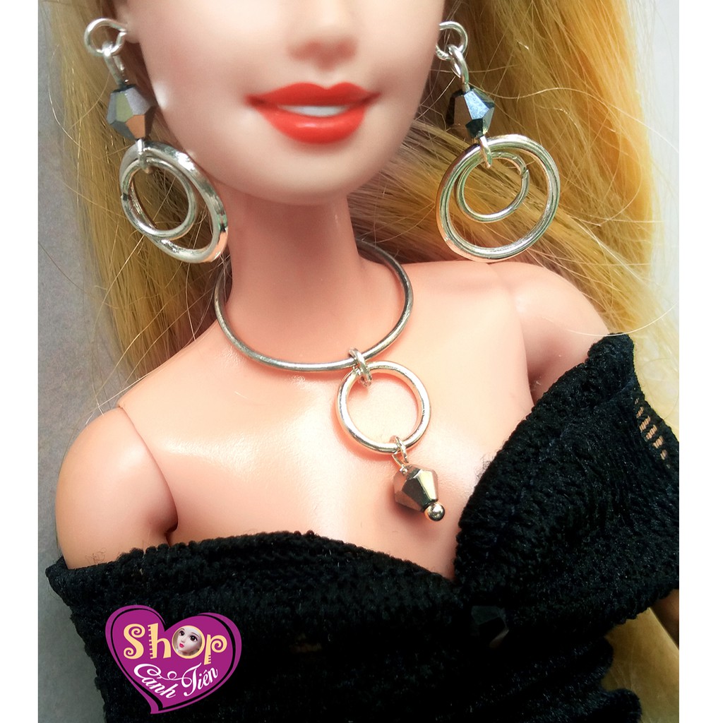 Trang Sức Búp Bê Barbie Handmade cao cấp - Vòng cổ, Hoa Tai Búp bê Khoen Tròn kết hợp Pha lê Bạc Sáng