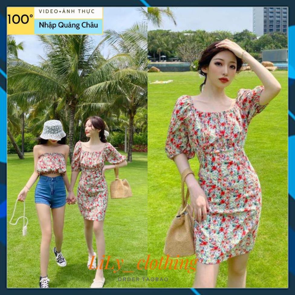 váy thời trang nữ taobao hoa đỏ nhún ngực kiểu Hàn Quốc, mẫu váy đẹp 2021 V98