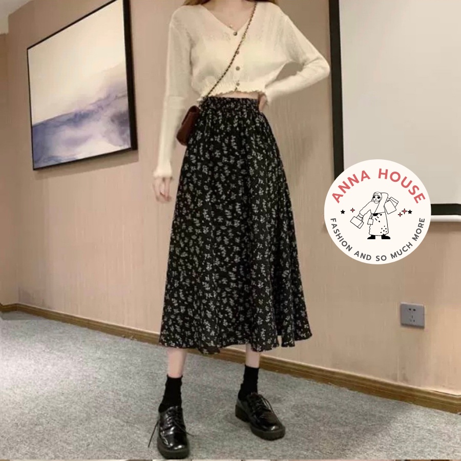 Chân váy suông dài hoa nhí dáng xòe Vintage, chân váy chữ A dài midi 2 lớp dáng suông rộng cạp chun ulzzang đen trắng