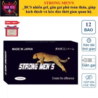 [Mua 1 tặng 1] Bao cao su Strongmen's đen, Nhật Bản, gai nổi toàn thân, tăng cường kéo dài thời gian quan hệ.Hộp 12 bcs