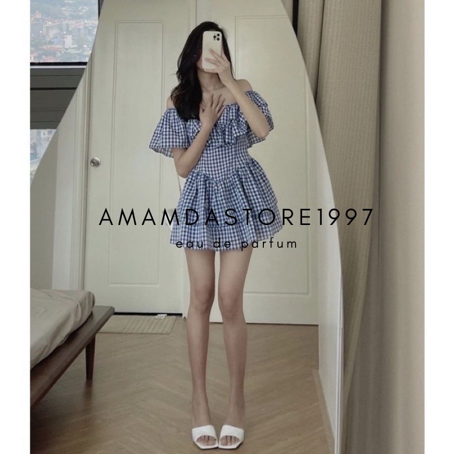 Váy kẻ caro xanh, tay bèo trễ vai tiểu thư siêu xinh