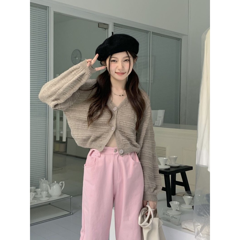 Áo Khoác Cardigan Dệt Kim Dài Tay Cổ Chữ V Phong Cách Hàn Quốc Cho Nữ  áo len croptop BPCQ89