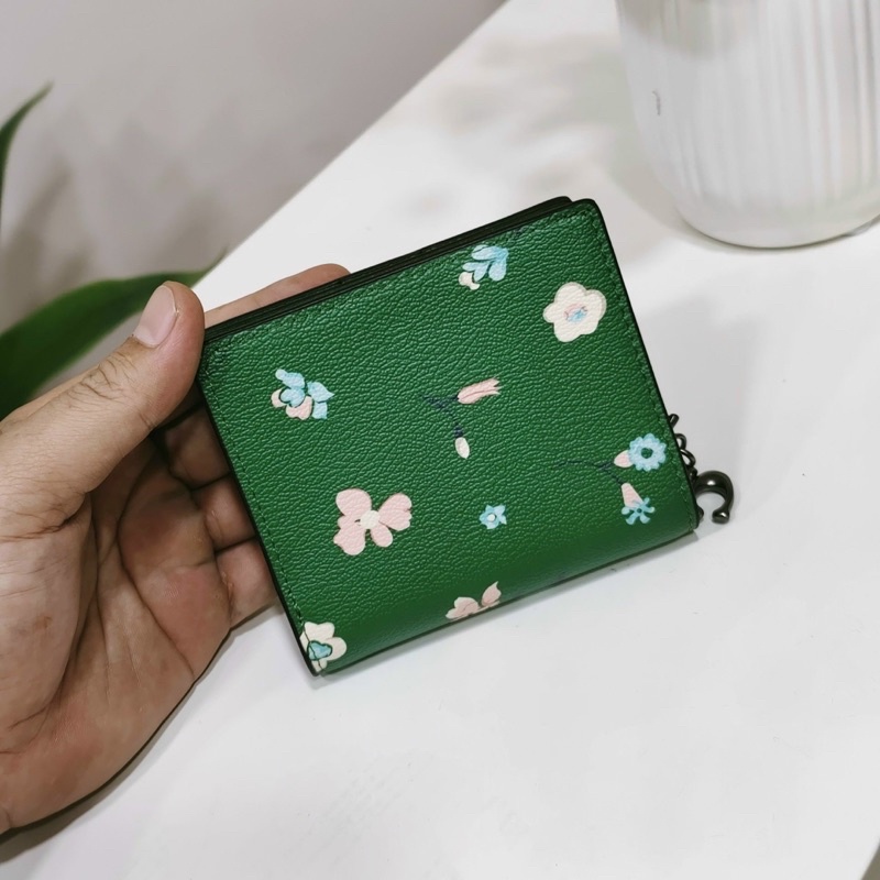 TNS-Ví ngắn cầm tay mini trendy Snap Wallet-chất da cao cấp-tone màu xanh lá hoa nhí xinh