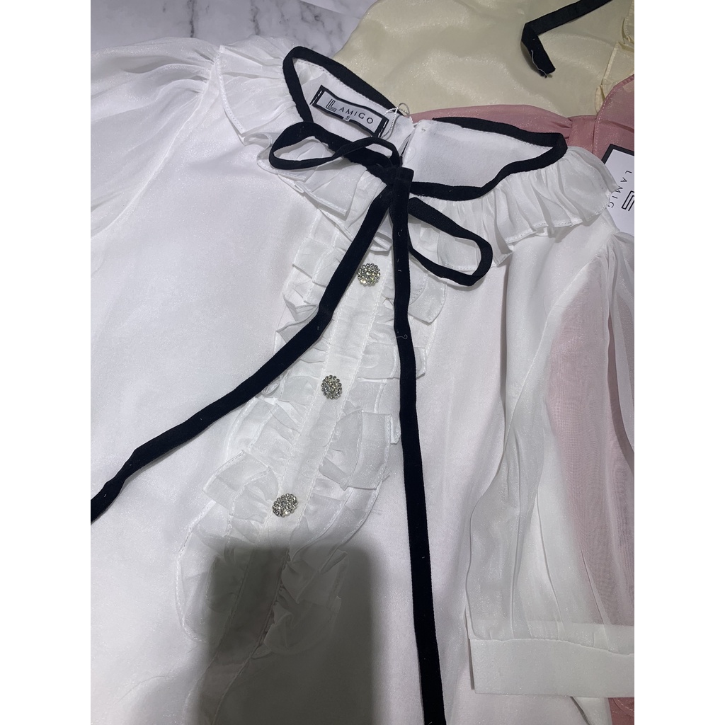 Áo sơ mi nữ công sở - áo sơ mi tơ óng cổ trụ viền bèo cúc đính đá nơ nhung 089