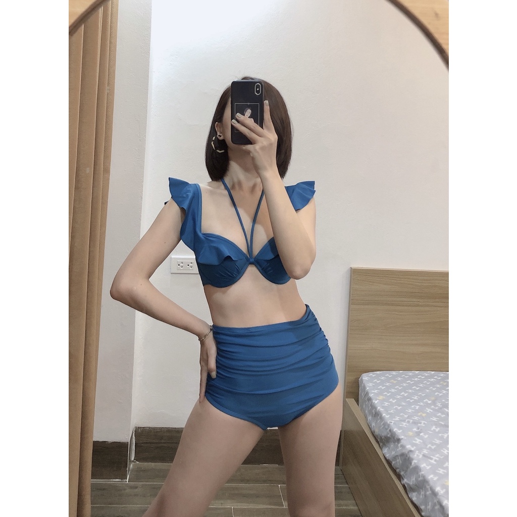 Bikini hai mảnh bộ bơi đồ bơi đẹp màu đen bèo vai đẹp mặc đi biển