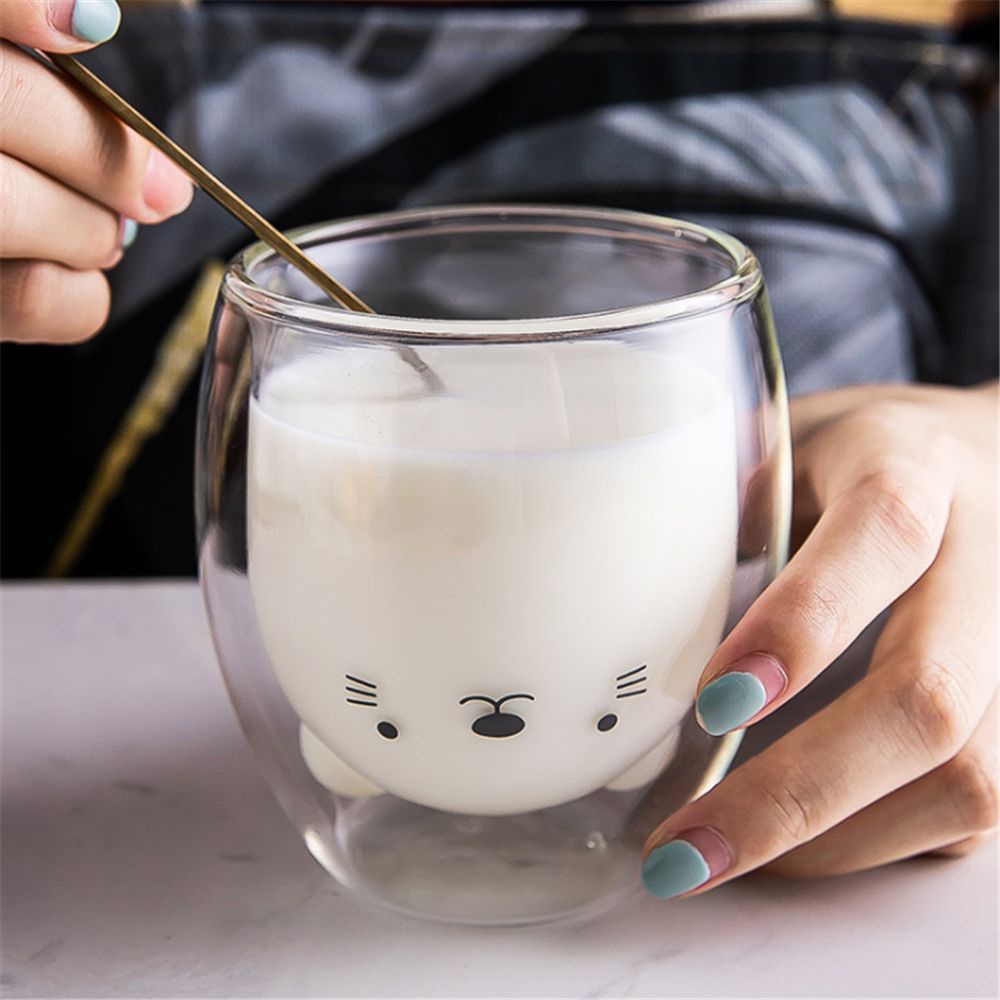 Cốc Nước Thủy Tinh Hai Lớp Hình Gấu Hoạt Hình Dễ Thương 300ML