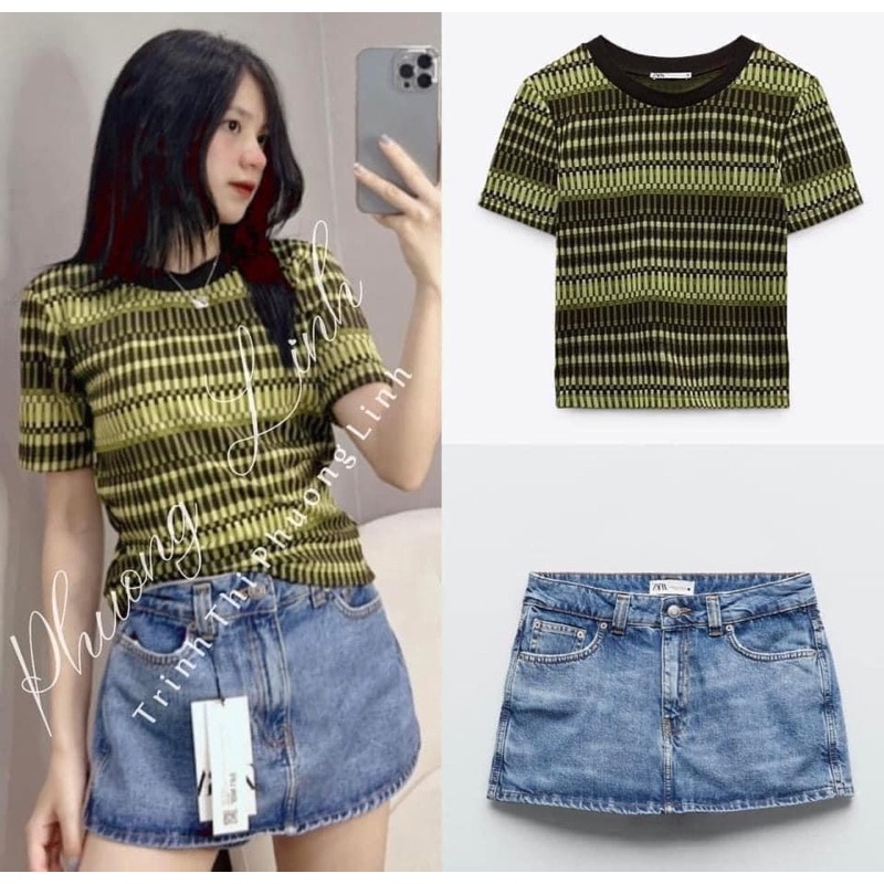 Áo kẻ xanh rêu new tag zara chuẩn authentic