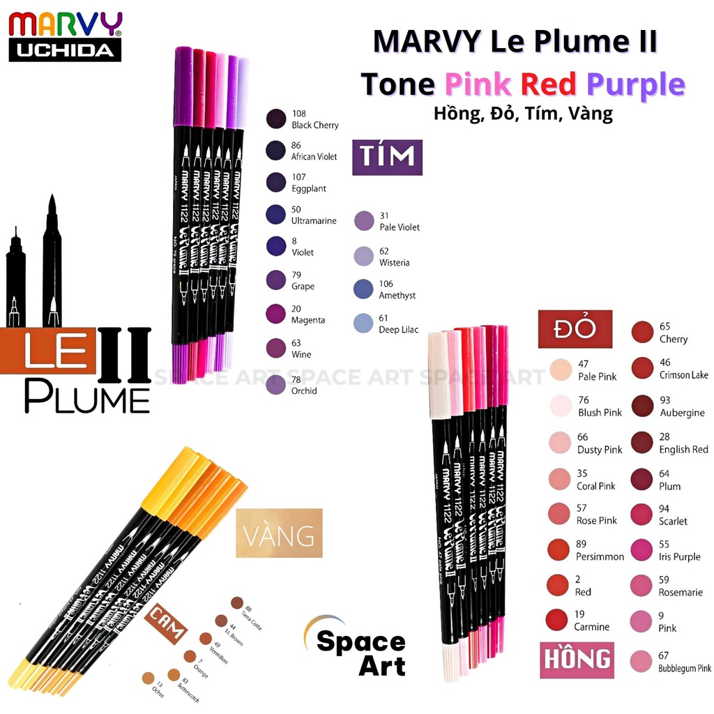 Bút MARKER màu nước MARVY LE PLUME II 1122 double-side Tone Hồng,đỏ,cam,tím