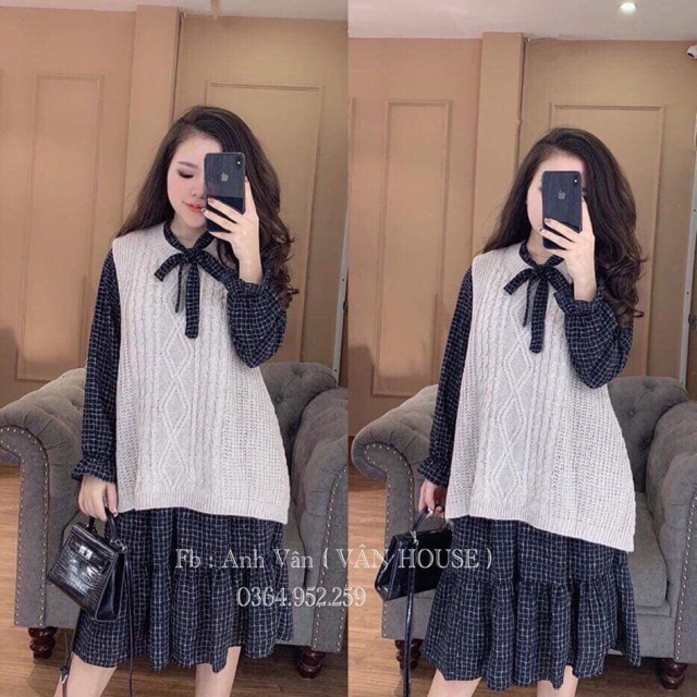 Sét Váy + Áo Len Gile Với Chất Liệu Lông Cừu Siêu Mịn . Sét váy với chất liệu lụa kết hợp với áo len gile chất len hàn