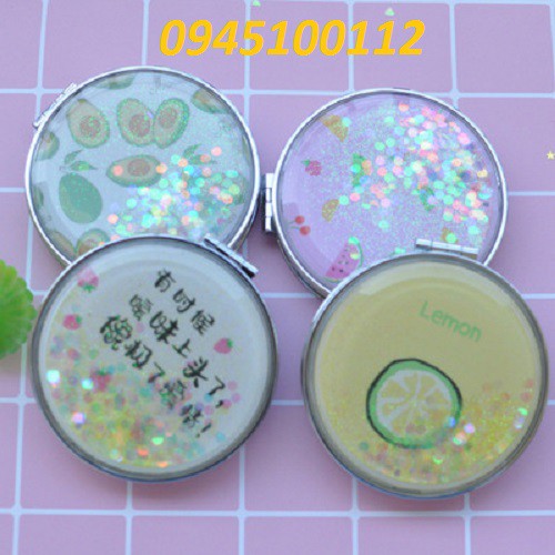 Gương mini 2 mặt nhũ ki tuyến họa tiết cute quả bơ, trái bơ, gấu bế thỏ, tôm và jely