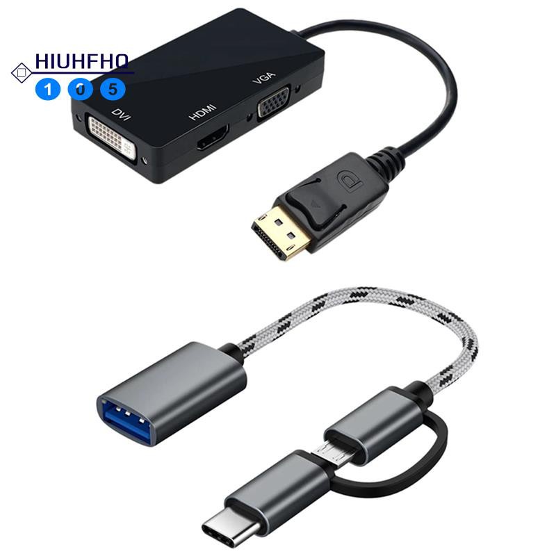 Dp Three in One Line Adapter Dp to HDMI+VGA+DVI with 2 in 1 USB OTG Cable Type-C/Micro-USB to USB 3.0 Transfer Cable