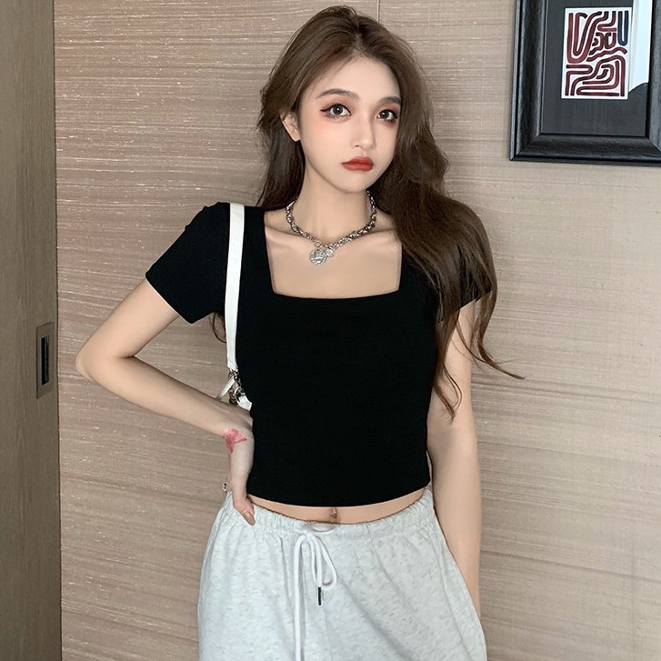 Áo Croptop Cổ Vuông Ôm Ngắn Tay, Áo Croptop nữ ngắn sexy màu TRẮNG | ĐEN Ulzzang