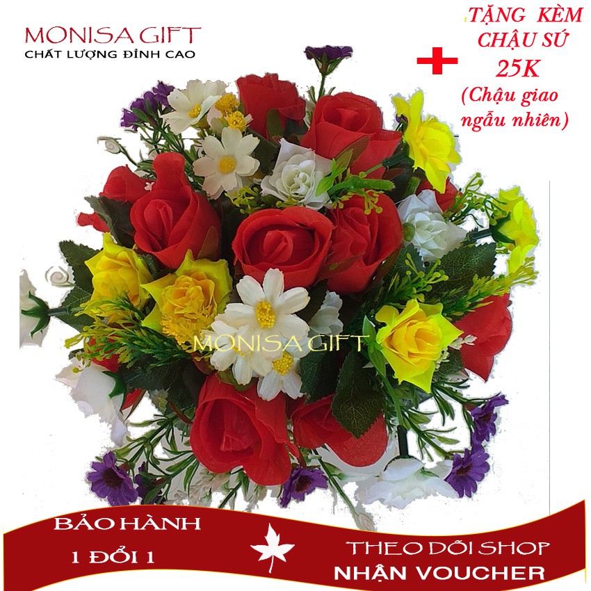 Hoa Giả, Hoa Hồng Đỏ- Hồng Xoăn Để Bàn Monisa Gift {TẶNG Chậu 25K}