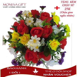  Hoa Giả, Hoa Hồng Đỏ- Hồng Xoăn Để Bàn Monisa Gift {TẶNG Chậu 25K}