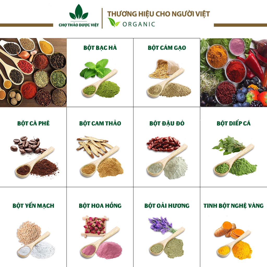 Set 10 loại bột cho da khô (Bột hữu cơ, mask cấp ẩm, dưỡng trắng, nâng cơ, chống lão hóa) - Chợ Thảo Dược Việt
