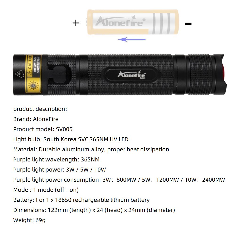 Đèn Pin AloneFire SV005 UV 10W 365NM LED Sạc USB Tiện Dụng Chất Lượng Cao