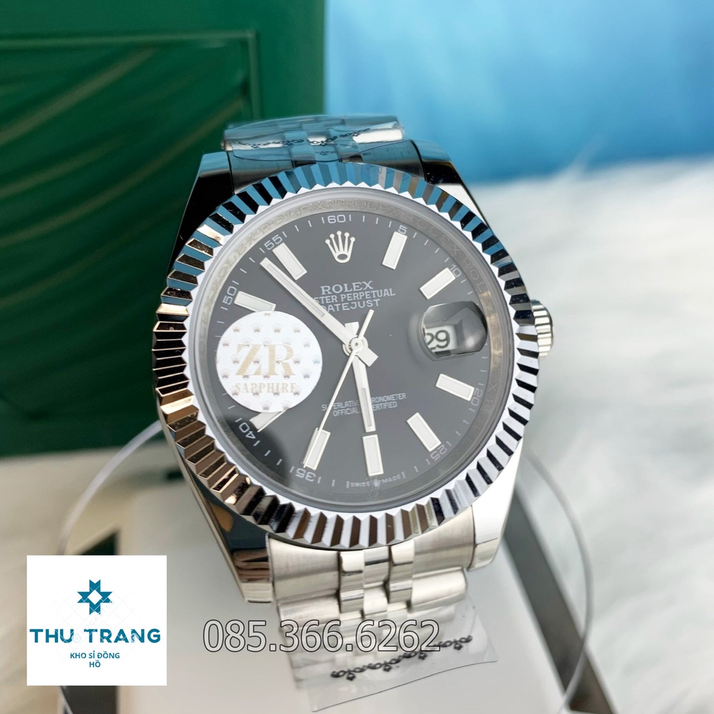 Đồng hồ nam Rolex cơ Automatic máy nhật mẫu đen dây thép trắng viền trơn size 39-40mm