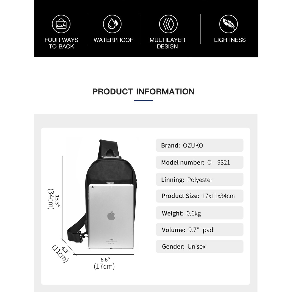 Ozuko Anti-theft Men's Sling Bag Waterproof Chest Pack Shoulder Bag with USB Charging